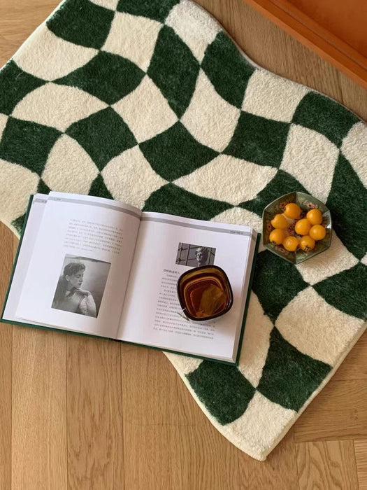 Green Checkered Rug for Bedroom Bathroom, Abstract Waved Bath Mat