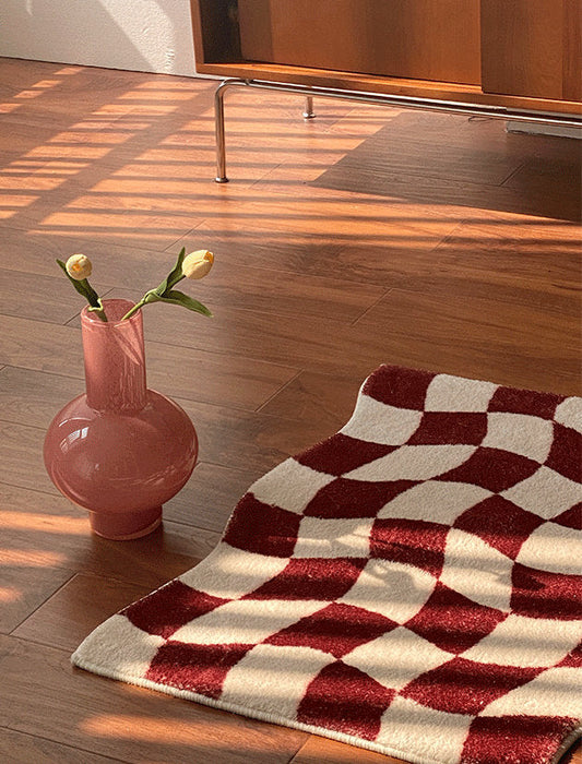 Green Checkered Rug for Bedroom Bathroom, Abstract Waved Bath Mat