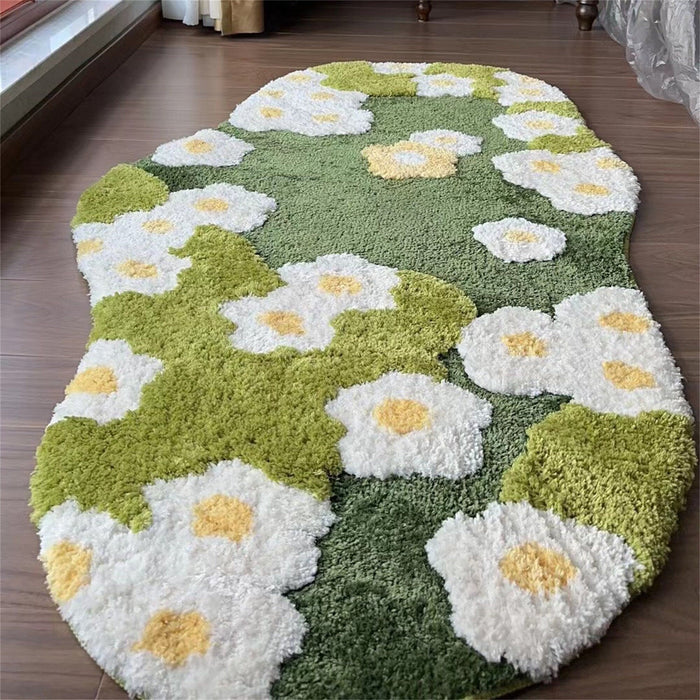 Daisy Green Grass Soft Tufted Fluffy Rug, Fairy Garden Moss Rug, 3D Floral Area Rug, Irregular Carpet, Aesthetic Rug, Washable Non-Slip Mat