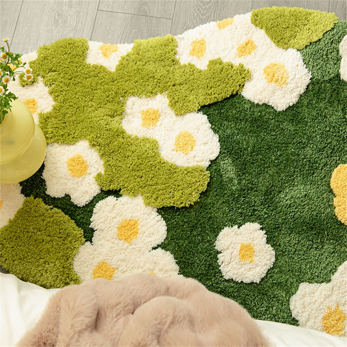 Daisy Green Grass Soft Tufted Fluffy Rug, Fairy Garden Moss Rug, 3D Floral Area Rug, Irregular Carpet, Aesthetic Rug, Washable Non-Slip Mat