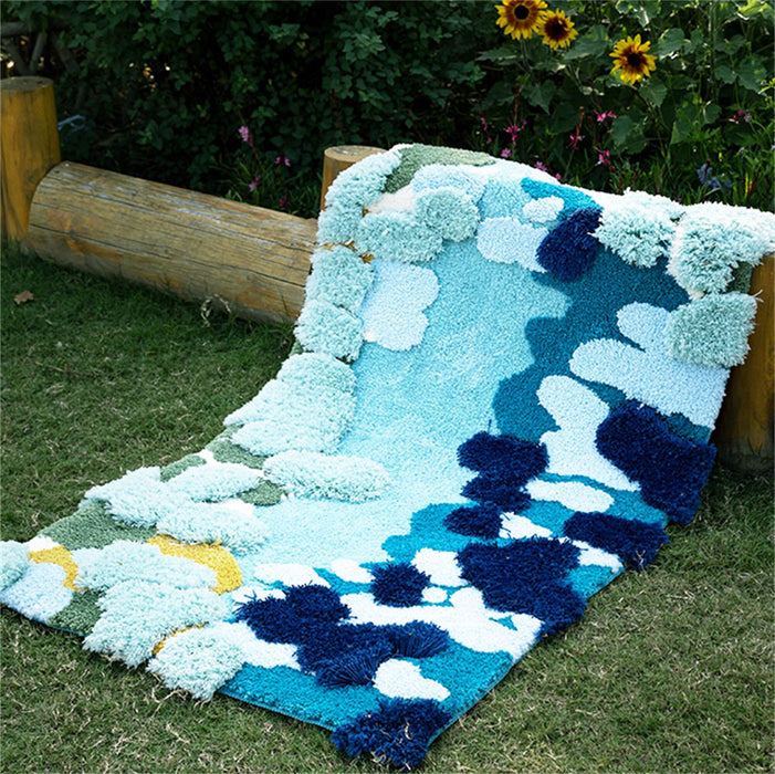 Floral Green Moss Area Rug for Bedroom Living Room, Blue Ocean Tufted Fluffy Irregular Carpet