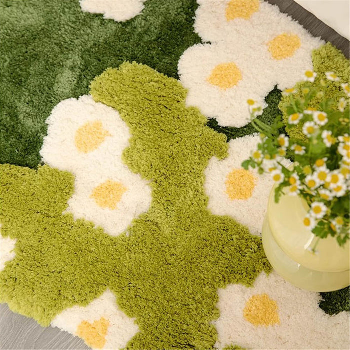 Daisy Green Grass Soft Tufted Fluffy Rug, Fairy Garden Moss Rug, 3D Floral Area Rug, Irregular Carpet, Aesthetic Rug, Washable Non-Slip Mat