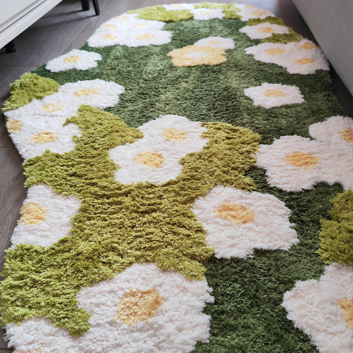 Daisy Green Grass Soft Tufted Fluffy Rug, Fairy Garden Moss Rug, 3D Floral Area Rug, Irregular Carpet, Aesthetic Rug, Washable Non-Slip Mat