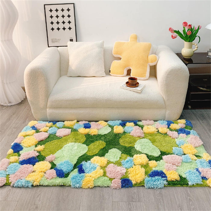 Floral Green Moss Area Rug for Bedroom Living Room, Blue Ocean Tufted Fluffy Irregular Carpet