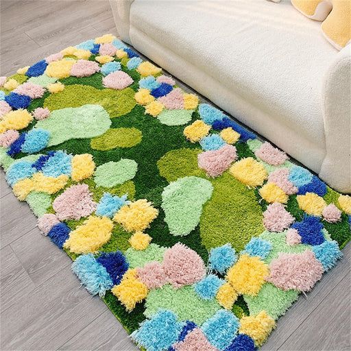 Floral Green Moss Area Rug for Bedroom Living Room, Blue Ocean Tufted Fluffy Irregular Carpet