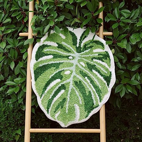 Feblilac Monstera Green Leaf Tufted Bath Mat