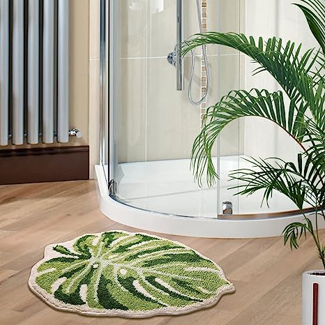 Feblilac Monstera Green Leaf Tufted Bath Mat