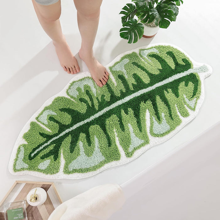 Feblilac Monstera Green Leaf Tufted Bath Mat