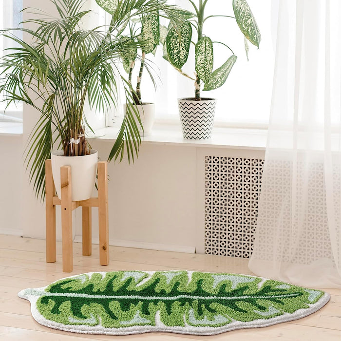 Feblilac Monstera Green Leaf Tufted Bath Mat