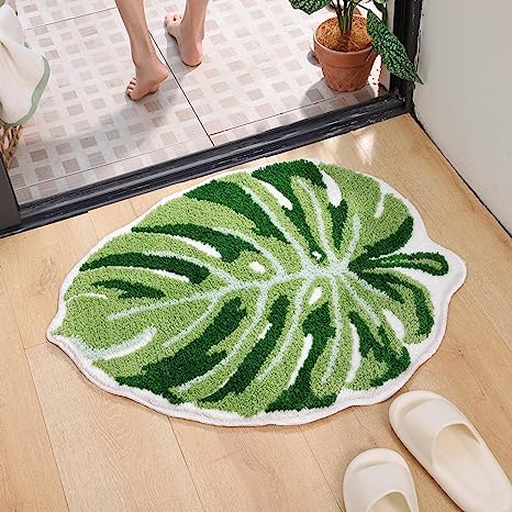 Feblilac Monstera Green Leaf Tufted Bath Mat