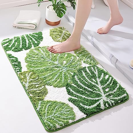 Feblilac Monstera Green Leaf Tufted Bath Mat