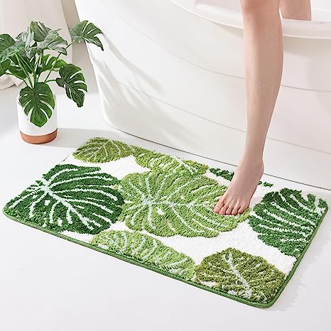 Feblilac Monstera Green Leaf Tufted Bath Mat