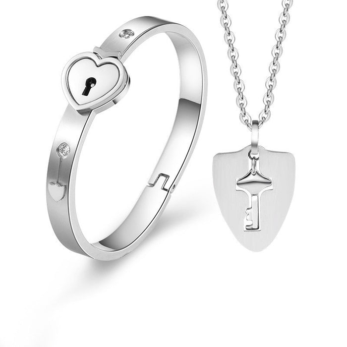 Stainless Steel Love Heart Lock Bangle Bracelet - Okeihouse